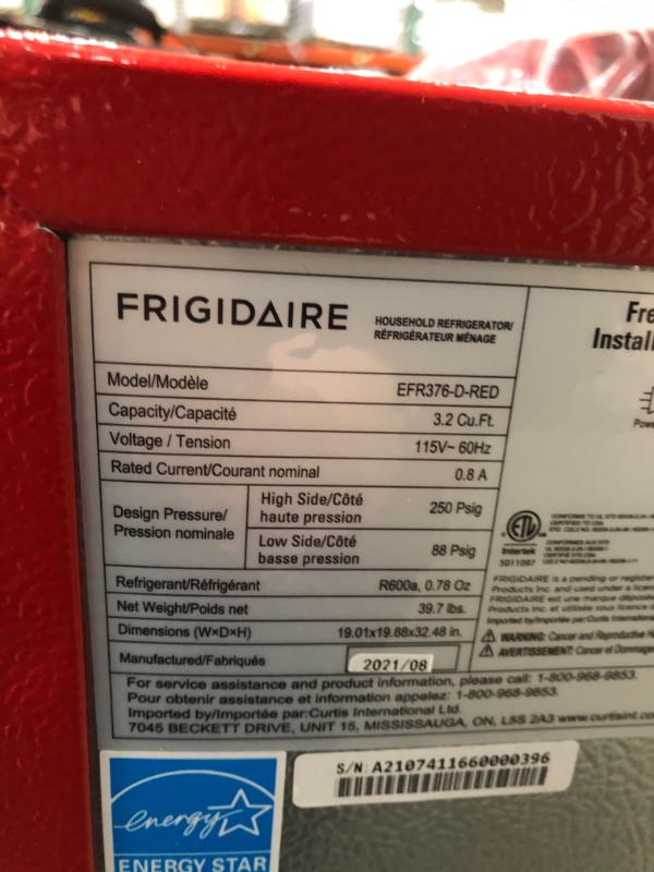 Photo 3 of Frigidaire Retro Bar Fridge Refrigerator with Side Bottle Opener, 3.2 cu. ft, Red