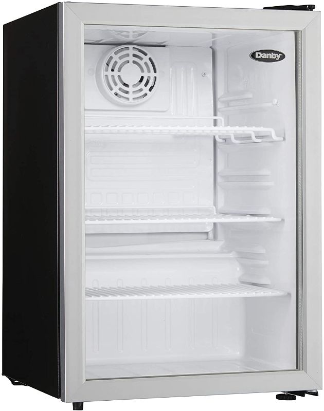Photo 1 of Danby Compact DAG026A1BDB 2.6 Cu.Ft. Commercial Mini Fridge, Glass Door Refrigerator for Office, Countertop, Perfect for Snacks, Soda, Beer, Lunch Foods, in Black, Silver
