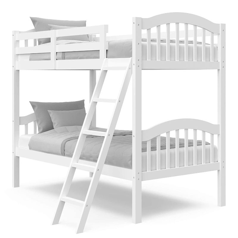 Photo 1 of  (box 2 of 2) Storkcraft Long Horn Solid Hardwood Twin Bunk Bed, White Twin Bunk Beds for Kids with Ladder and Safety Rail

