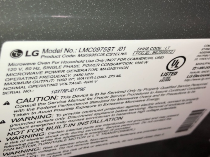 Photo 9 of LG 0.9 cu. ft. NeoChef8482 Countertop Microwave w/ Smart Inverter EasyClean8482 8211 Stainless Steel- PLUG IS DAMAGED 