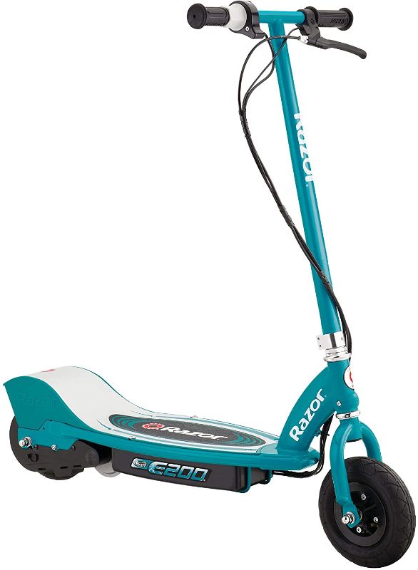 Photo 1 of *** SMALL DENTS & MINOR SCRATCHES, HARD TO RIDE. SEEMS LIKE BACK MOTOR ISNT WORKING****
Razor E200S Electric Scooter - 8" Air-filled Tires, 200-Watt Motor, Up to 12 mph and 40 min of Ride Time, Teal
