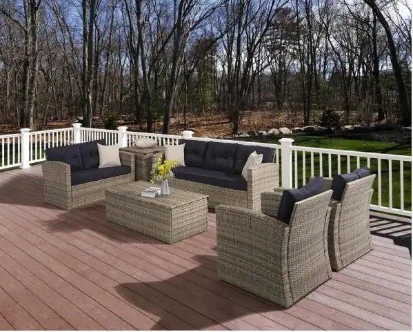 Photo 1 of (NOT COMPLETE) LAUREL CANYON 6-Piece Wicker/Rattan Metal Outdoor Patio Sectional Conversation Seating Set with Navy Blue Cushions