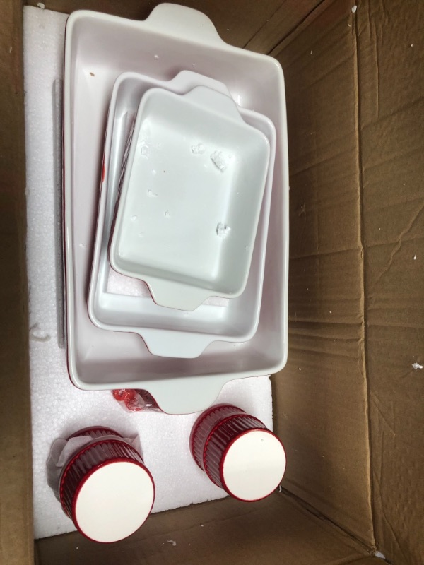 Photo 2 of 3 Pcs Ceramic Bakeware Set, Porcelain Baking Dish Set, Casserole Dish Set for Cooking, Kitchen, Cake Dinner. With 2 Pcs Silicone Oven Mitts & 4 PCS 4 OZ Porcelain Souffle Baking Dishes, Red set
