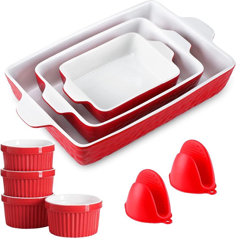 Photo 1 of 3 Pcs Ceramic Bakeware Set, Porcelain Baking Dish Set, Casserole Dish Set for Cooking, Kitchen, Cake Dinner. With 2 Pcs Silicone Oven Mitts & 4 PCS 4 OZ Porcelain Souffle Baking Dishes, Red set
