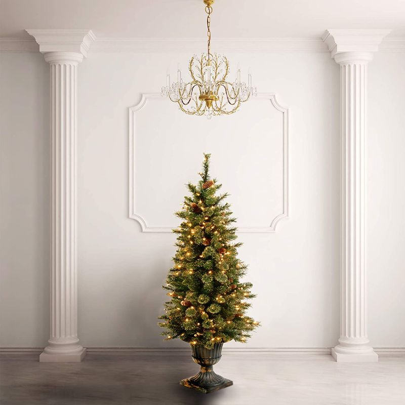 Photo 1 of 2 - National Tree Company Pre-lit Artificial Christmas Tree For Entrances| Flocked with Cones and Gold Berries | Includes Pre-strung White Lights | Glittery Gold Pine - 4ft
