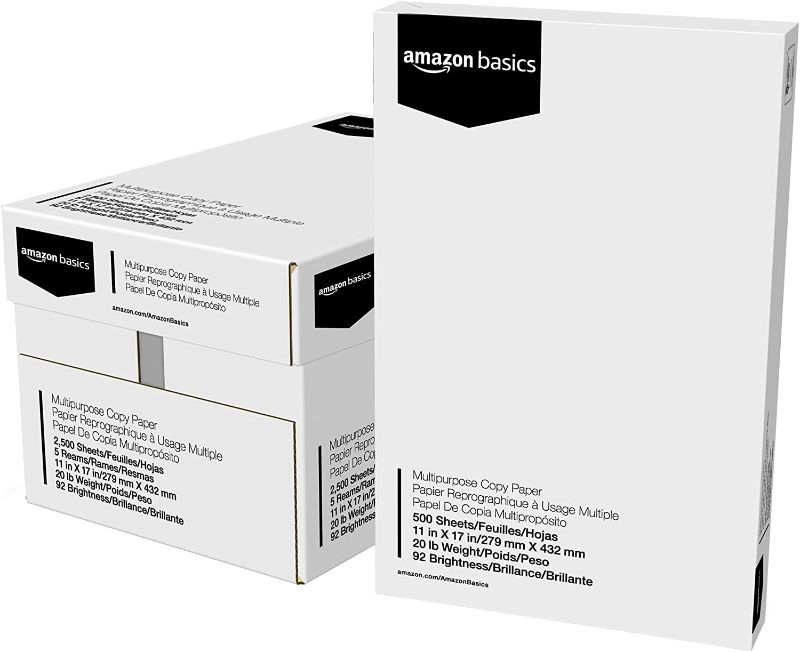 Photo 1 of Amazon Basics 92 Bright Multipurpose Copy Paper - 11 x 17 Inches, 5 Ream Case (2,500 Sheets)
