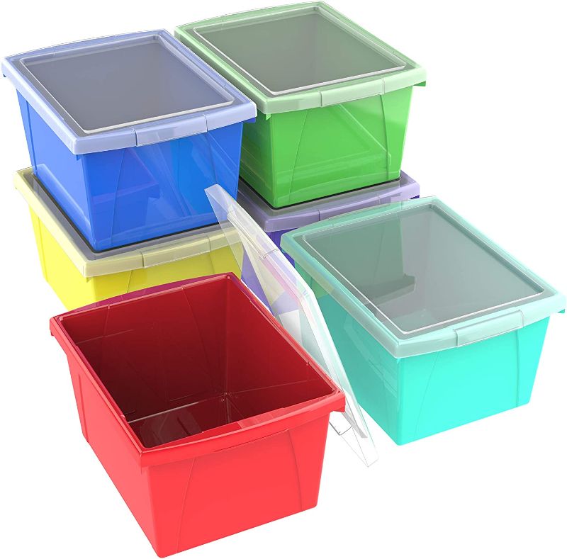 Photo 1 of **DAMAGE TO TWO LIDS*
Storex 4 Gallon Storage Bin with Lid – Plastic Classroom Organizer for Books and Supplies, Assorted Colors, 6-Pack (61406U06C)
