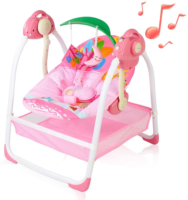 Photo 1 of Baby Swing with 6 Motions,Infant Swing with Music,Sounds and Timing Function, Baby Rocker with 2 Toys, Plsuh Seat & Soft Head Support, Machine Washable Fabric (Pink)
