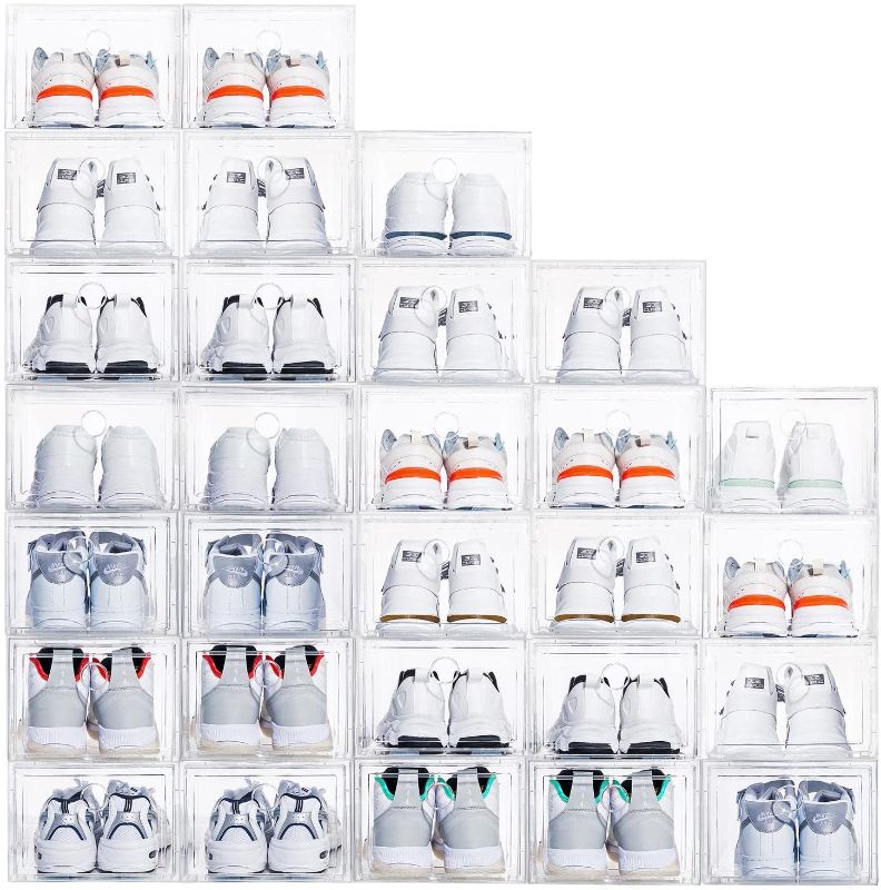 Photo 1 of 12 Pack Shoe Storage Box Shoe Box Clear Plastic Stackable Drop Front Shoe Organizer Space Saving Foldable Shoe US SIZE 14(12)