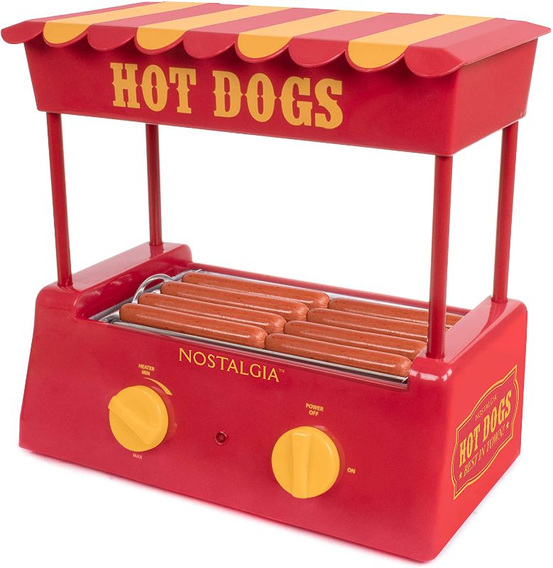 Photo 1 of Nostalgia HDR8RY Countertop Hot Dog Warmer 8 Regular Sized, 4 Foot Long and 6 Bun Capacity, Stainless Steel Rollers, Perfect For Breakfast Sausages, Brats, Taquitos, Egg Rolls, Red/Yellow
