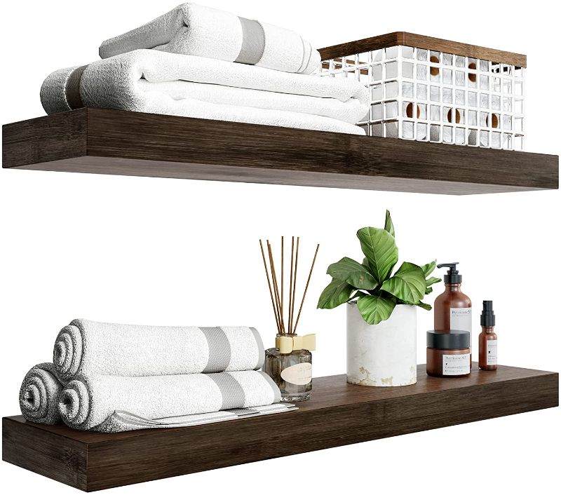 Photo 1 of **ONE SHELF HAS SPLINTERED WOOD**
BAMFOX Floating Shelves Set of 2?Natural Bamboo Wall Shelf Wall Mounted Shelves?Wall Mount Display Rack with Large Storage L23 x W6 for Kitchen Living Room Bathroom Bedroom
