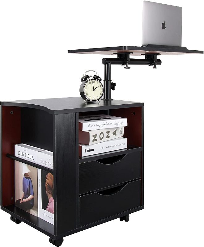 Photo 1 of **MISSING HARDWARE**
DANSION Bedside Table Workstation, Adjustable Swivel Tilt Wooden Nightstand Laptop Desk with Drawers and Magazine Holder, Laptop Cart with Wheels, Black
