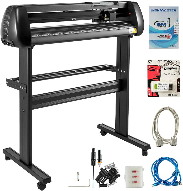 Photo 1 of missing power cord and other cord accessories 
VEVOR Vinyl Cutter 28 Inch Vinyl Cutter Machine 720mm Paper Feed Vinyl Plotters with Floor Stand Vinyl Plotter Adjustable Speed for Sign Making