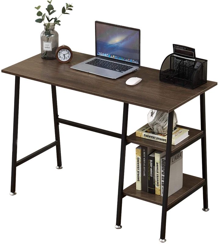 Photo 1 of VECELO Computer Desk Study Writing Wooden Table with 2 Tier Storage Shelves on Left or Right for Home Office,Brown

