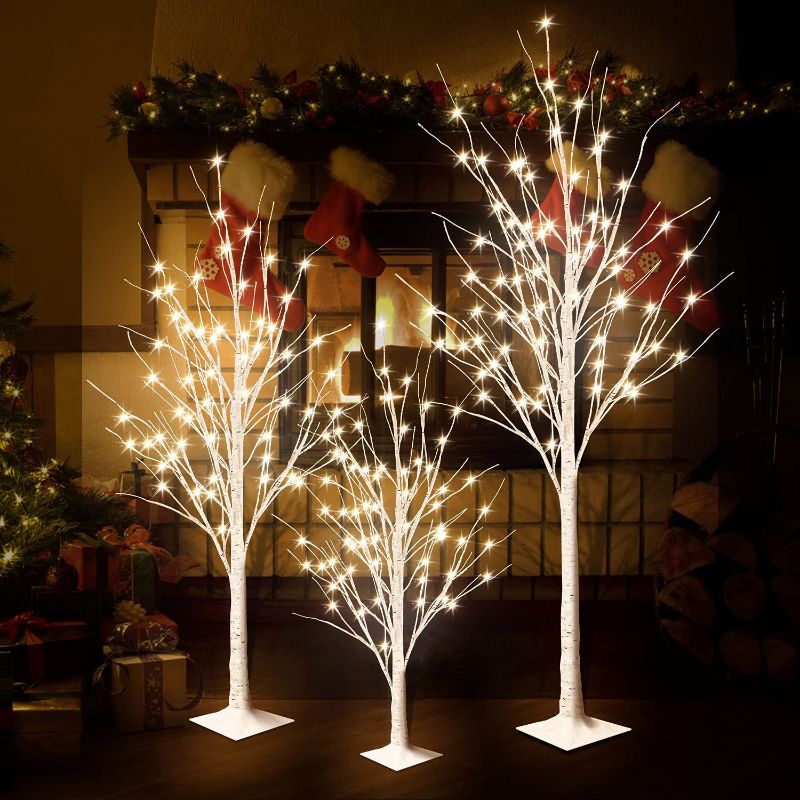 Photo 1 of  Artificial Lighted Trees, Pack of 3, Warm White 4 Feet 5 Feet 6 Feet Birch Christmas Tree with 200 LED Lights for Home, Party, Festival, Indoor and Outdoor Use