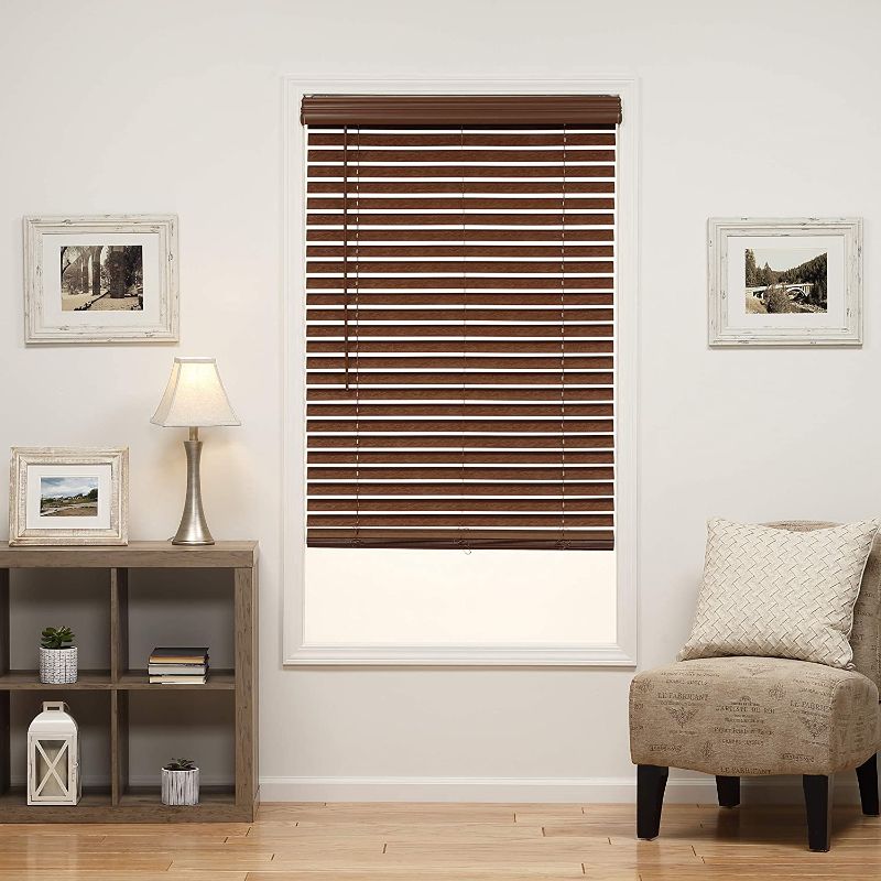 Photo 1 of 2 in. Cordless Faux Wood Blind, 28W x 48L Inches, Dark Oak