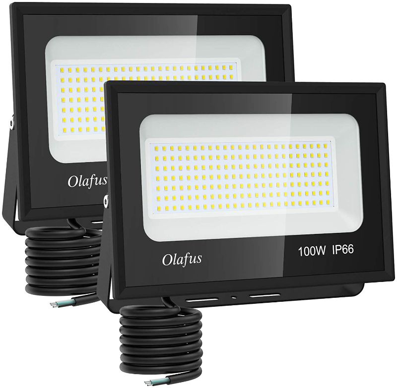 Photo 1 of Olafus 2 Pack 100W LED Flood Light Outdoor, 11000lm Outside Floodlights IP66, Waterproof Exterior Security Lights, 5000K Daylight White Super Bright Lighting for Playground Yard Stadium Lawn Ball
