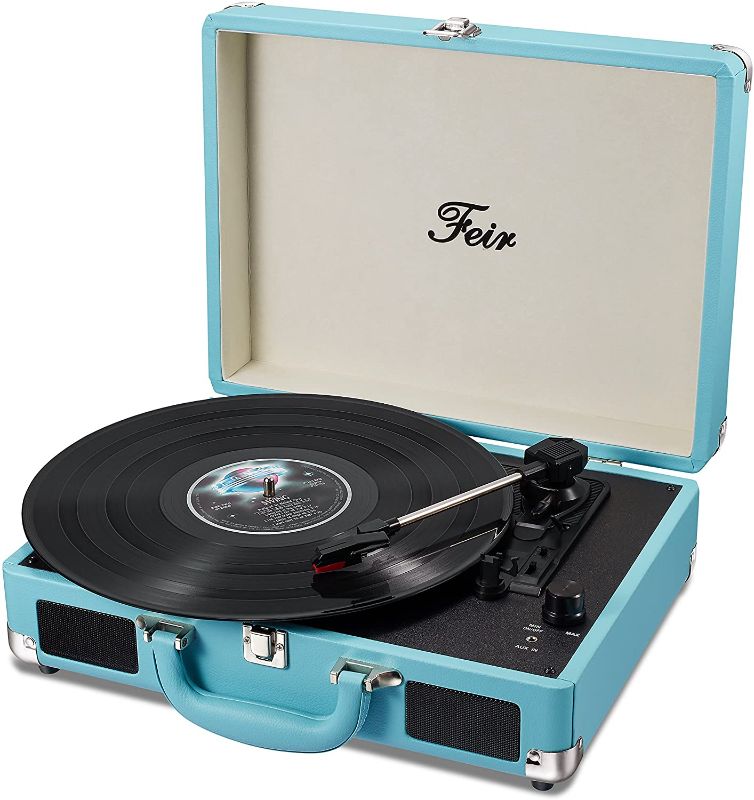 Photo 1 of Vinyl Record Player Bluetooth with Speakers 3 Speed Portable Turntable Suitcase Built in 2 Speakers RCA Line Out AUX Headphone Jack PC Recorder-Blue
