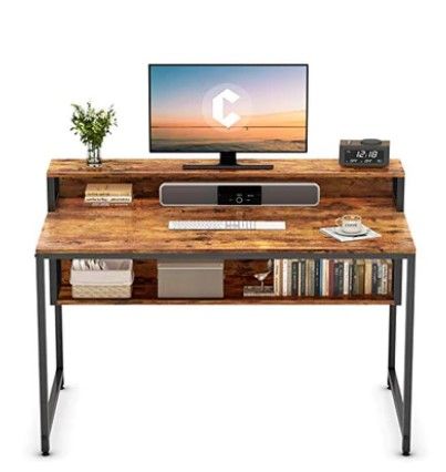 Photo 1 of Cubiker Computer Home Office Desk, 47" Small Desk Table with Storage Shelf and Bookshelf, Study Writing Table Modern Simple Style Space Saving Design, Rustic
