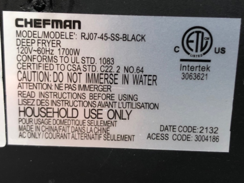Photo 3 of ***PARTS ONLY*** Chefman Deep Fryer with Basket STRAINER , 4.5 LITER XL Jumbo Size Adjustable Temperature & Timer , Perfect Chicken , Shrimp