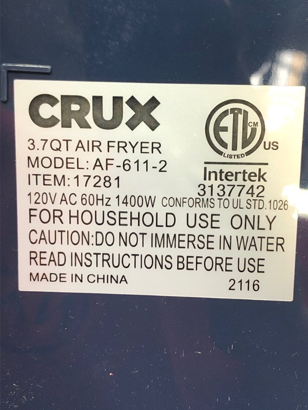 Photo 3 of **NON FUNCTIONAL**Crux 3.7QT Manual Air Fryer, Faster Pre-Heat, No-Oil Frying, Fast Healthy Evenly Cooked Meal Every Time, Dishwasher Safe Non Stick Pan and Crisping Tr
