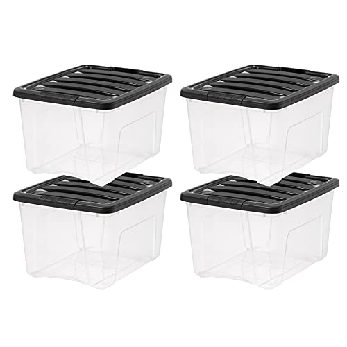 Photo 1 of IRIS USA Plastic Bins, Stackable Storage Container with Secure Latching Buckles Lid, 40 Qt, Clear/Black, 4 Count
