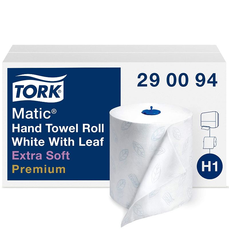 Photo 1 of Tork Matic Extra Soft Paper Hand Towel Roll White with Blue Leaf H1, Premium, High Absorbency, 6 Rolls x 300 ft, 290094
