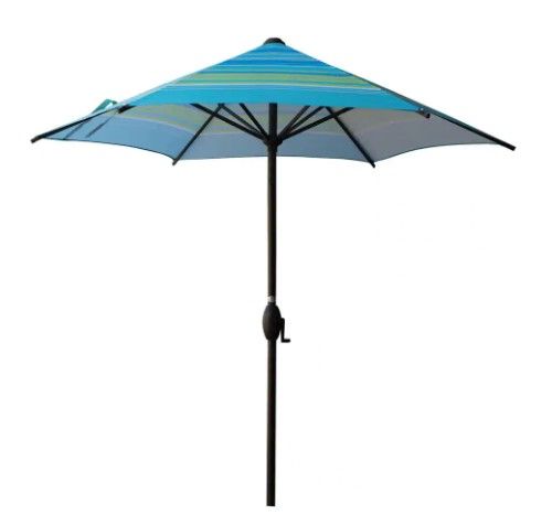 Photo 1 of 7-1/2 ft. Round Outdoor Market with Push Button Tilt and Crank Lift Patio Umbrella in Turquoise Striped
