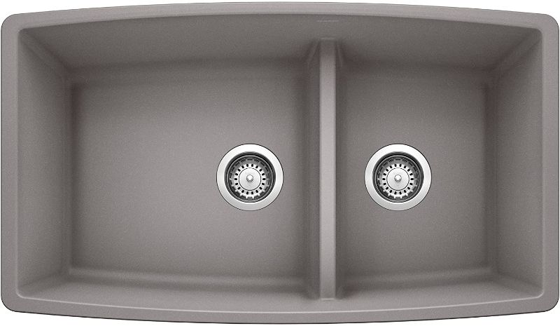 Photo 1 of *drain pieces/ stopper NOT included* 
BLANCO, Metallic Gray 441309 PERFORMA SILGRANIT 60/40 Double Bowl Undermount Kitchen Sink with Low Divide, 33 x 26 x 39 inches
