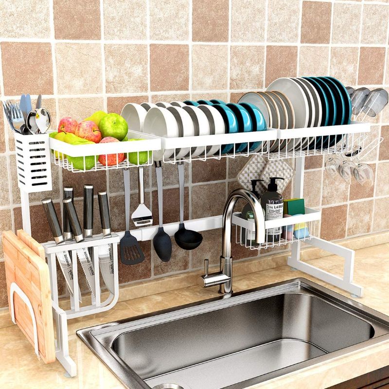 Photo 1 of *previously opened*
*MISSING manual*
PUSDON Over Sink (26"-37.5") Dish Drying Rack, Adjustable Large Dish Drainer for Storage Kitchen Counter Organization, 2 Tier Stainless Steel Over Sink Dish Rack Display, White
