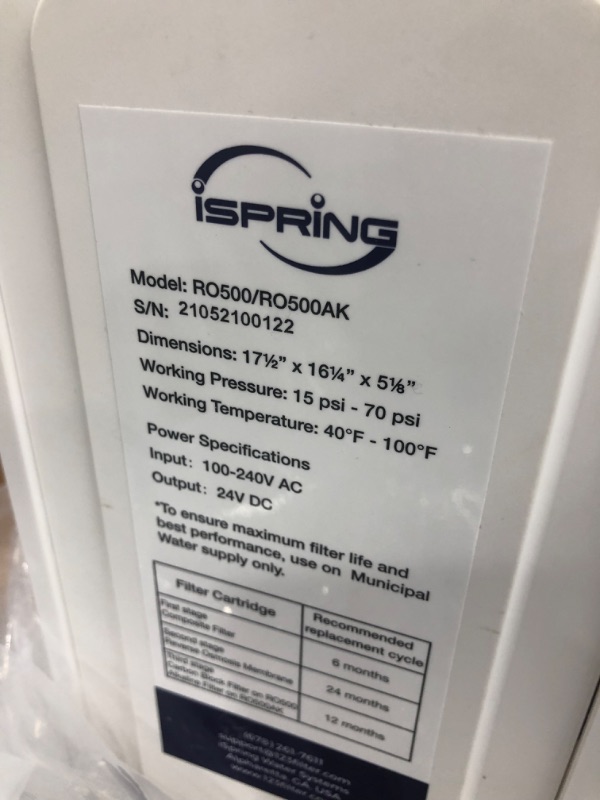 Photo 6 of *MISSING filters*
ISPRING RO500AK Tankless RO Reverse Osmosis Water Filtration System 500 GPD with Natural PH Alkaline Remineralization, White
