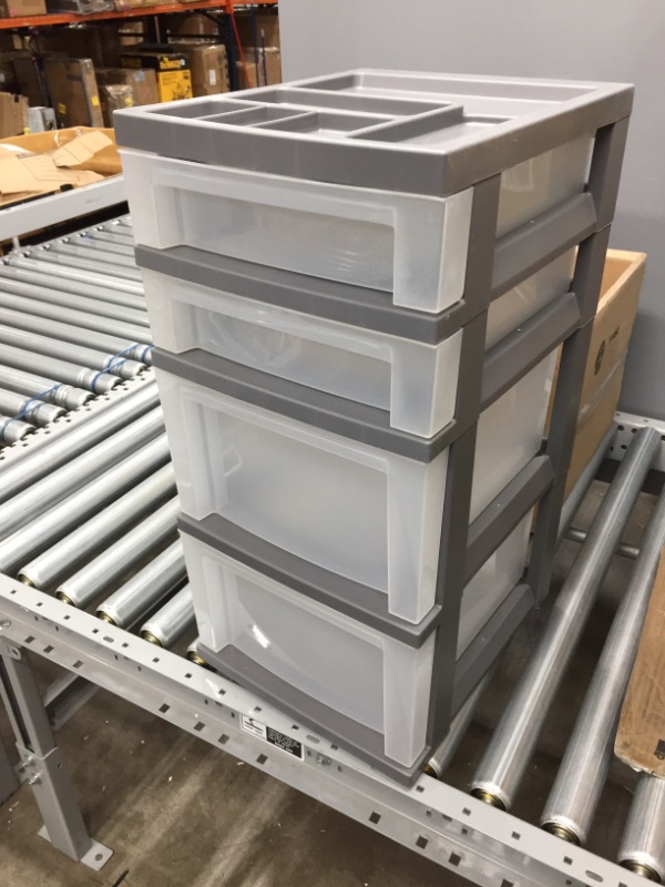 Photo 2 of *MISSING wheels* 
IRIS USA 4-Drawer Cart, Plastic Storage Drawer, Rolling Cart with Organizer Top, Gray/Clear, 26.5" x 14" x 12"
