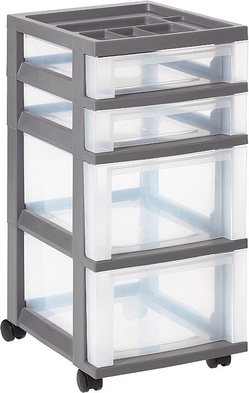 Photo 1 of *MISSING wheels* 
IRIS USA 4-Drawer Cart, Plastic Storage Drawer, Rolling Cart with Organizer Top, Gray/Clear, 26.5" x 14" x 12"
