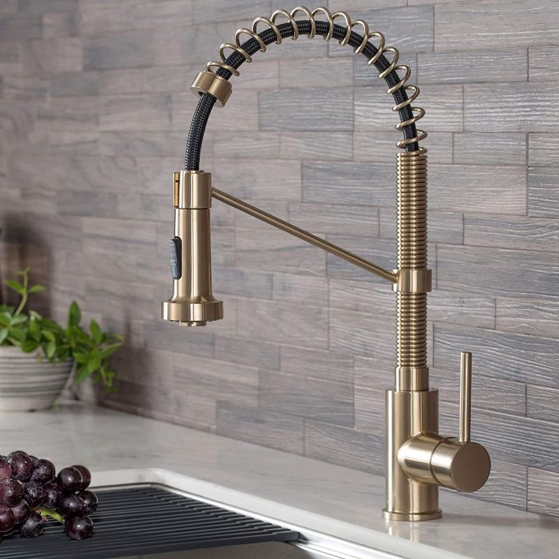 Photo 1 of *USED*
*UNKNOWN what/ if anything is MISSING*
Kraus KPF-1610BG Bolden 18-Inch Commercial Kitchen Faucet with Dual Function Pull-Down Sprayhead in all-Brite Finish, 18 Inches, Brushed Gold
