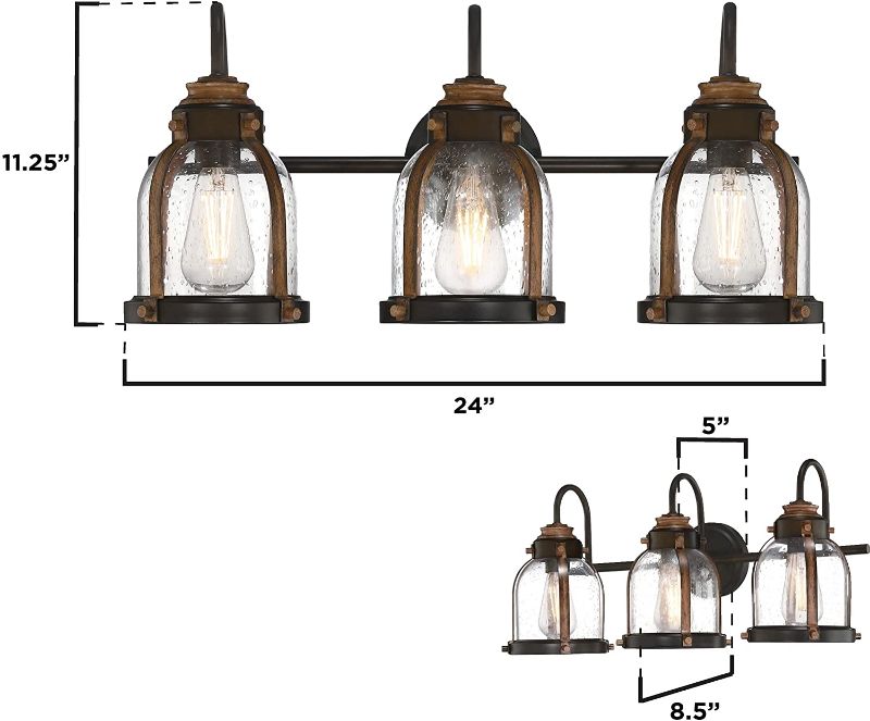 Photo 1 of *light bulbs NOT included*
*SEE last picture for damage*
Westinghouse Lighting 6118200 Cindy Vintage-Style Three-Light Indoor Vanity Light Fixture, Oil Rubbed Bronze Finish with Barnwood Accents, Clear Seeded Glass
