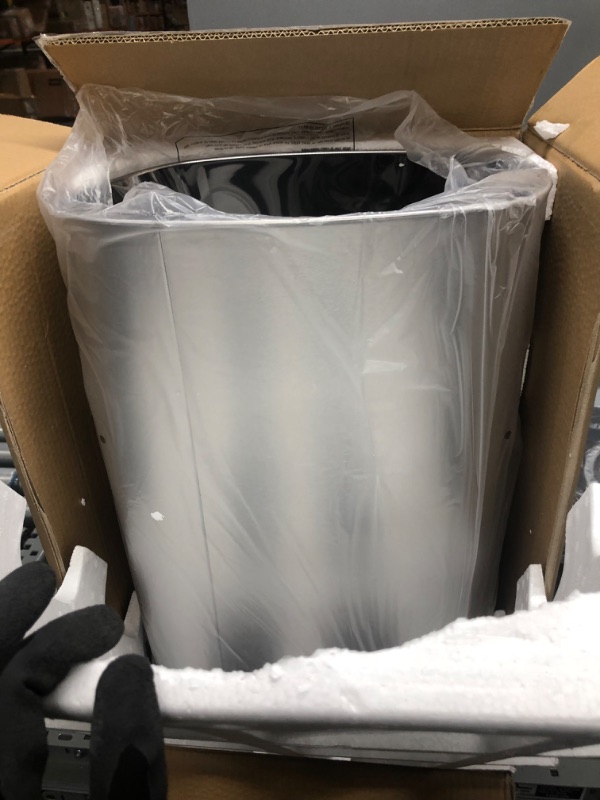 Photo 2 of *side is dented inwards*
*MISSING cord*
iTouchless 13 Gallon SensorCan Touchless Trash Can with Odor Control System, Stainless Steel, Oval Shape Kitchen Bin
