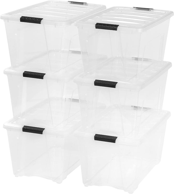 Photo 1 of *1 container is damaged* 
IRIS USA 53 Qt. Plastic Storage Bin Tote Organizing Container with Durable Lid and Secure Latching Buckles, Stackable and Nestable, 6 Pack, clear with Black Buckle
