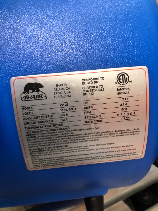 Photo 4 of *USED*
B-Air VP-25 1/4 HP 900 CFM Air Mover for Water Damage Restoration Equipment Carpet Dryer Floor Blower Fan Home and Plumbing Use, Blue
