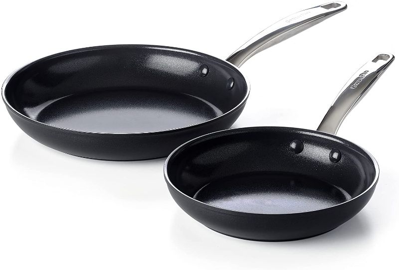 Photo 1 of *USED*
GreenPan Prime Midnight Hard Anodized Healthy Ceramic Nonstick 8" and 10" Frying Pan Skillet Set, PFAS-Free, Dishwasher Safe, Oven Safe, Black
