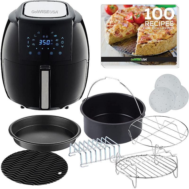 Photo 1 of *MISSING 3 round items shown in stock picture* 
GoWISE USA 5.8-Quarts 8-in-1 Air Fryer XL with 6 Piece Accessory Set + 100 Recipes for your Air Fryer Book (Black)