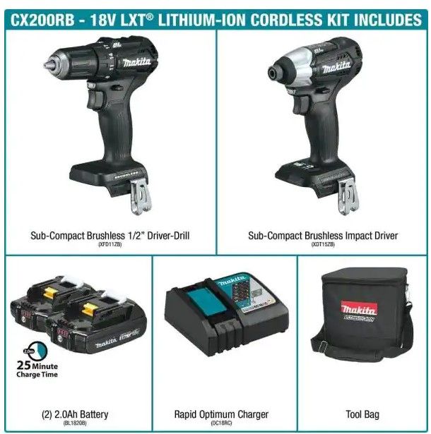 Photo 1 of Makita
18-Volt LXT Sub-Compact Lithium-Ion Brushless Cordless 2-piece Combo Kit (Driver-Drill/ Impact Driver) 2.0Ah