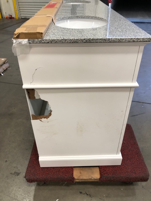 Photo 2 of ***hole in side of cabinet**Home Decorators Collection
Fremont 72 in. W White Double Vanity with Grey Granite Vanity Top and Undermount Sinks