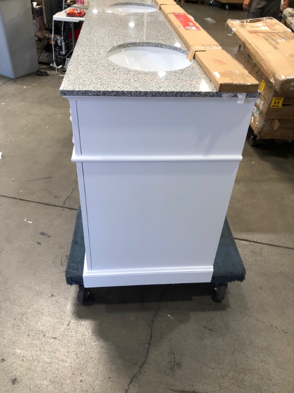 Photo 4 of ***hole in side of cabinet**Home Decorators Collection
Fremont 72 in. W White Double Vanity with Grey Granite Vanity Top and Undermount Sinks
