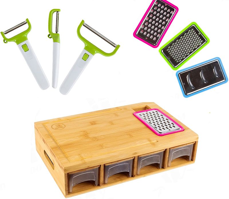 Photo 1 of *INCOMPLETE*BAMBOO LAND Bamboo cutting board with container & vegetable peeler set, cutting board with Juice groove, Bamboo cutting board with tray& graters for kitchen, cutting board with handles & food opening*BOARD AND CONTAINERS ONLY*
