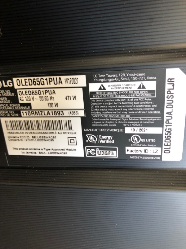 Photo 1 of ***DOES NOT POWER ON**LG OLED G1 Series 65” Alexa Built-in 4k Smart OLED evo TV (3840 x 2160), Gallery Design, 120Hz Refresh Rate, AI-Powered 4K, Dolby Cinema, WiSA Ready (OLED65G1PUA, 2021)
