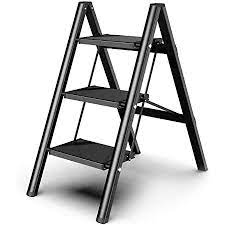 Photo 1 of 3 Steps Stool Ladder, Black Aluminum Lightweight Folding Step Shelf with Anti-Slip and Wide Pedal for Home and Kitchen Use, Space Saving
** minor scratches***