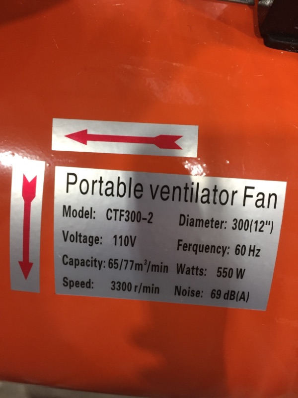 Photo 3 of (DOES NOT FUNCTION)VEVOR Utility Blower Fan, 12 Inches, 520W 2295 CFM High Velocity Ventilator w/ 32.8 ft/10 m Duct Hose, Portable Ventilation Fan, Fume Extractor for Exhausting & Ventilating at Home and Job Site
**DOES NOT TURN ON,USED, FAN ONLY**  

