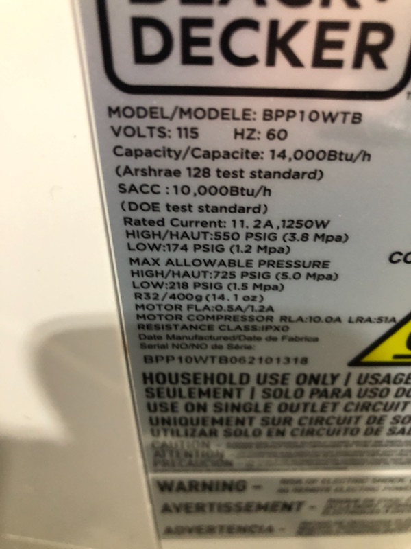 Photo 6 of COMPRESSOR DOES NOT COME ON 
BLACK+DECKER BPP10WTB Portable Air Conditioner with Remote Control, 10,000 BTU SACC/CEC (14,000 BTU ASHRAE), Cools Up to 450 Square Feet, White