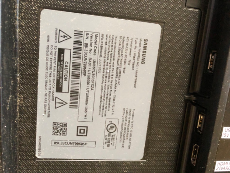 Photo 4 of (PIXEL DAMAGES; MISSING ALL ACCESSORIES, REMOTES, POWER CORDS, FEET, ATTACHMENTS; DAMAGED SIDE FRAME)
SAMSUNG 65-inch Class Crystal UHD TU-8000 Series