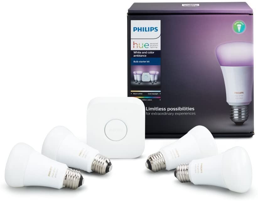 Photo 1 of Philips Hue White and Color Ambiance A19 60W Equivalent LED Smart Bulb Starter Kit (4 A19 Bulbs and 1 Hub Compatible with Amazon Alexa Apple HomeKit and Google Assistant)
